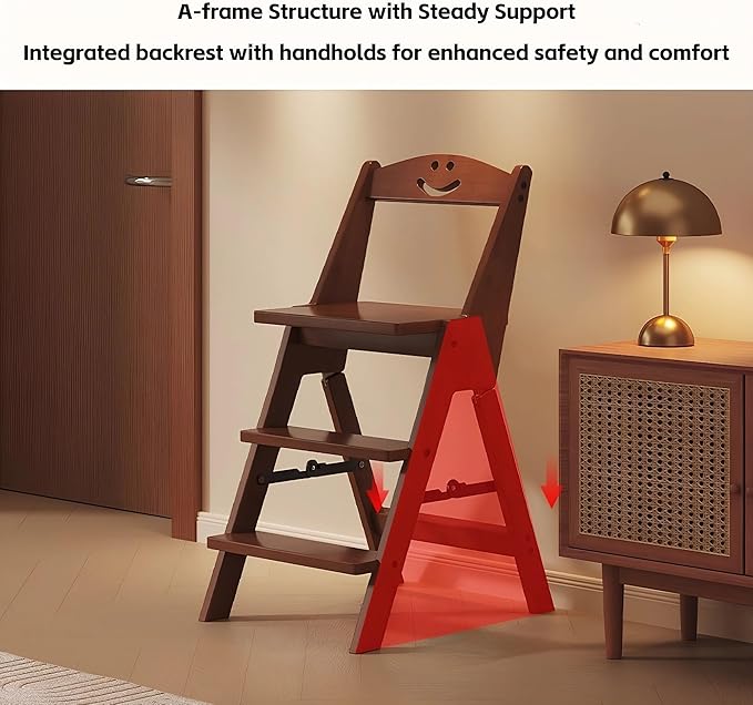 Foldable Wooden 3 Step Ladder and Stool Chair 2 in 1 (Black)