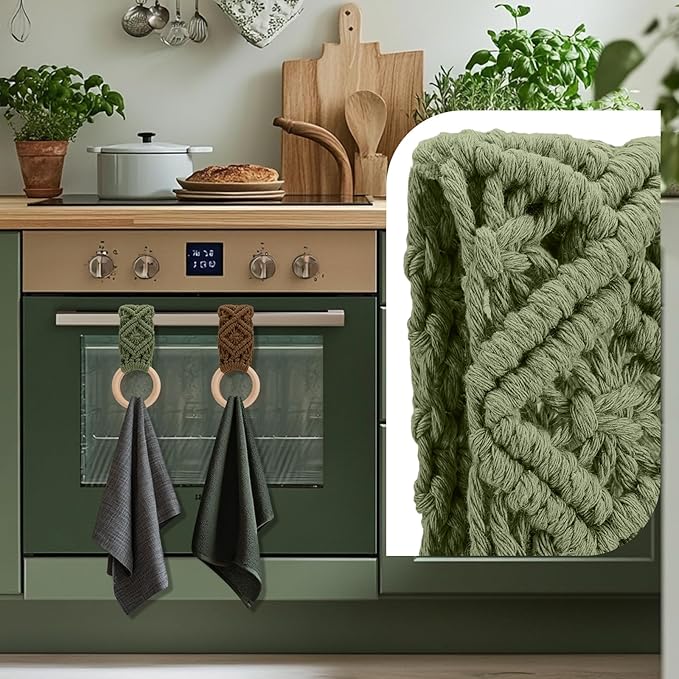 Tioncy 4 Pcs Kitchen Dish Towel Holder Gifts for Mother Boho Handmade Crochet Hanging Towels Loop Ring Knit Towel Hanger for Cabinet House Oven Stove Door, 4 Colors(Sage Green)
