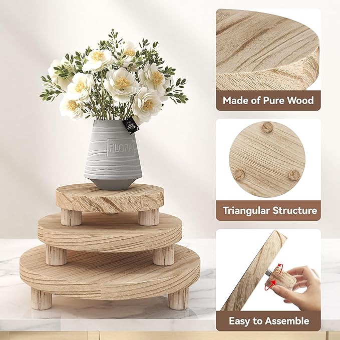 3 Pcs Wood Plant Stand Indoor Outdoor, Wooden Stool Display Stand 6/8/10" Round Riser Flower Pot Holder Small Planter Tray Modern Potter Decorative for Garden Desktop Home Table Counter Room, Natural