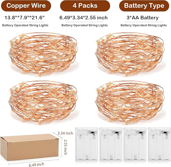 Ariceleo Led Fairy Lights Battery Operated, 4 Packs Mini Battery Powered Copper Wire Starry Fairy Lights for Bedroom, Christmas, Parties, Wedding, Centerpiece, Decoration (5m/16ft Blue)