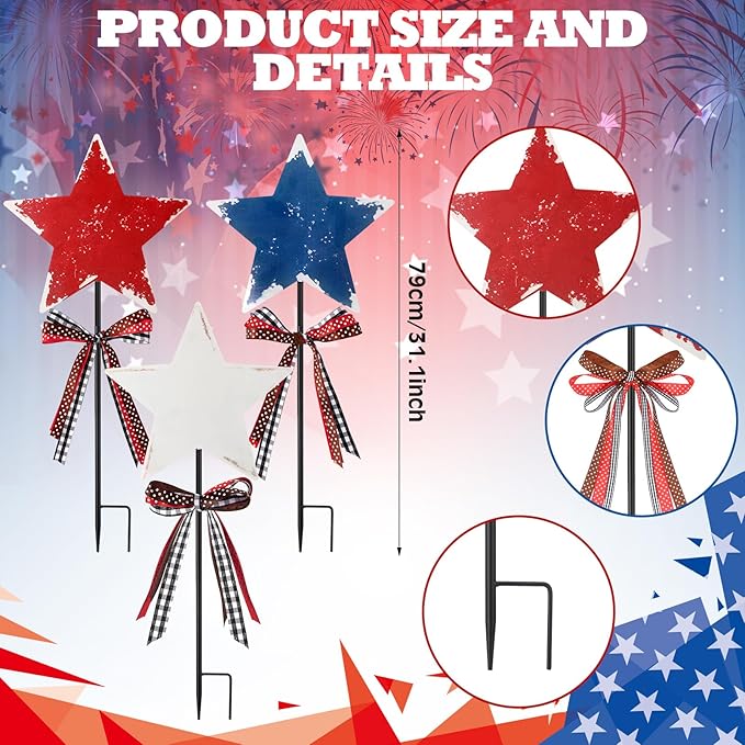 Amyhill 4th of July Outdoor Decor Patriotic Star Metal Garden Stakes Welcome Yard Signs Retro Red White Blue American Star Garden Stakes for 250th Anniversary Patio Lawn Walkway Outside Decorations