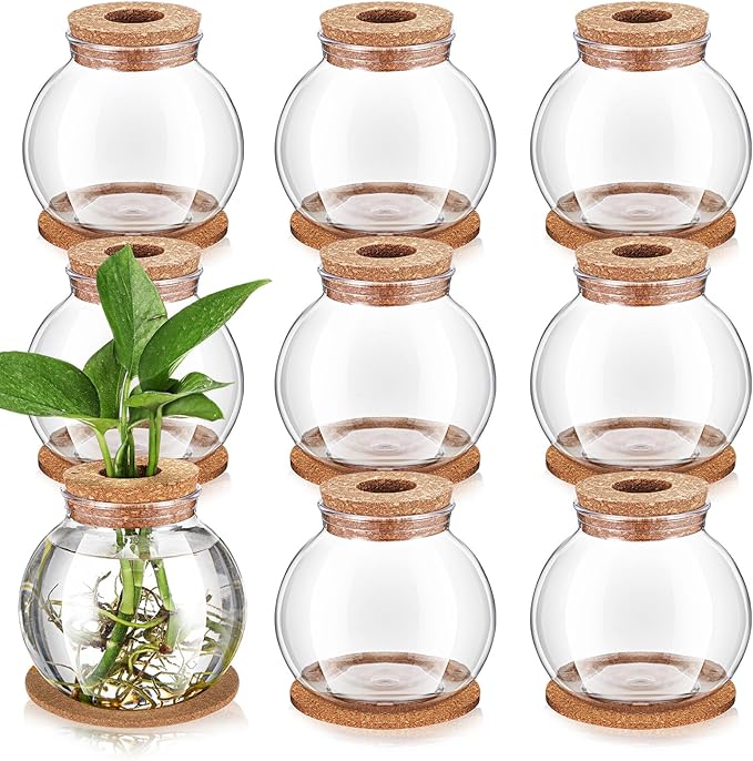 Baderke 9 Packs Propagation Vases for Plants Plastic Plant Propagation Station with Hole Lid and Cork Coasters Plant Growing in Water Hydroponic Home Office Table Decoration(Fish Bowl Style)