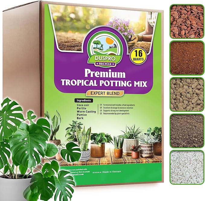 DUSPRO Recycle Tropical Potting Mix Pre-Mixed 5in1 with Pine Bark, Coco Coir, Perlite, Worm Casting & Pumice Ideal Aroid Mix Soil for Monstera, Pothos, Philodendron, Other Indoor HousePlants 16QRT