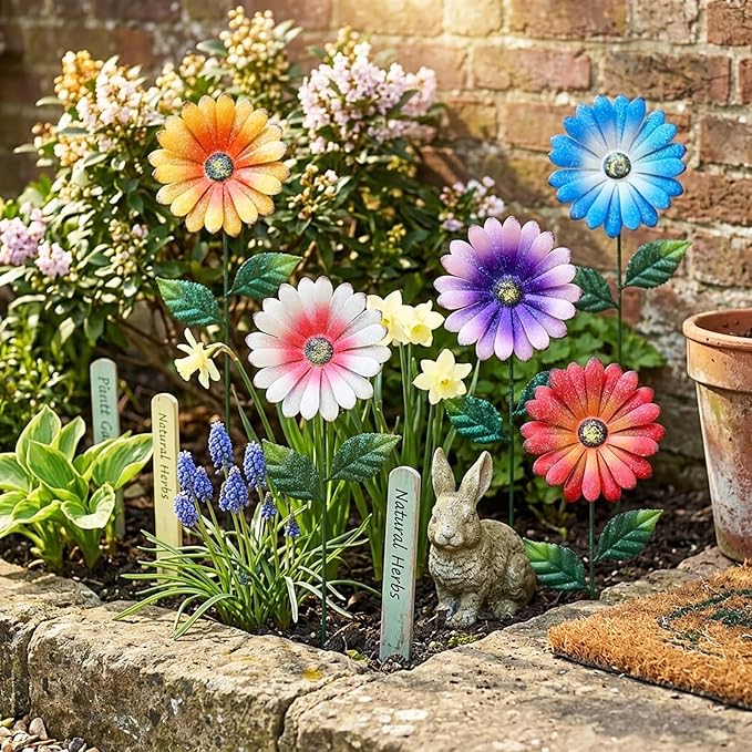 5Pack Metal Flowers for Outside，16.5 Inch Metal Flowers Decorative Garden Stakes for Spring Decor, Shaking Head Yard Art Garden Decorations for Outdoor Lawn Porch Pathway