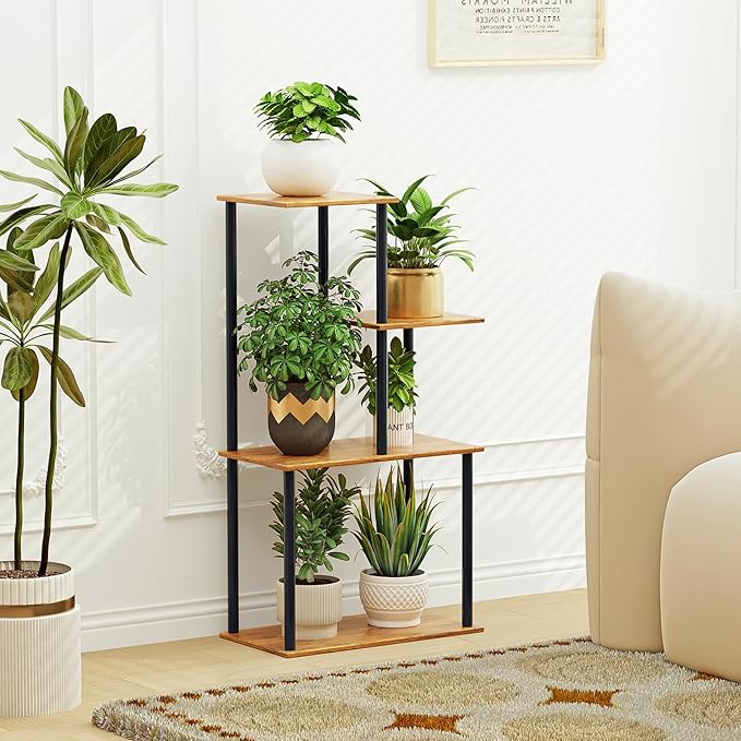 Plant Stand Indoor, 4-Tier Plant Shelf Multiple Metal Wood Flower Pot Holder for Living Room Office Balcony Patio, Rustic Brown