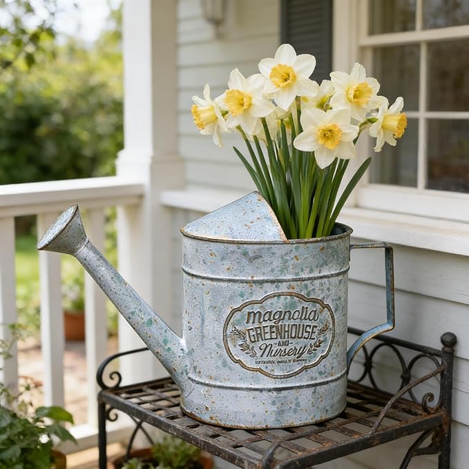 Vintage Galvanized Metal Watering Can, Magnolia Greenhouse Design, Decorative Watering Pot, Functional Garden Waterer for Indoor Outdoor Plant Care, Rustic Decor for Home Garden Patio
