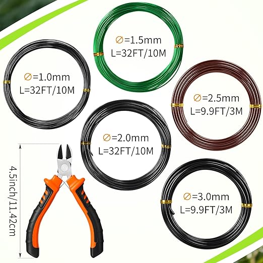 Mudder 5 Roll Aluminum Bonsai Training Wire Tree 160 Feet Total with Bonsai Wire Cutter Anodized Training for Holding Branches Small Trunks (1/1.5/2/2.5/3mm,Classic)