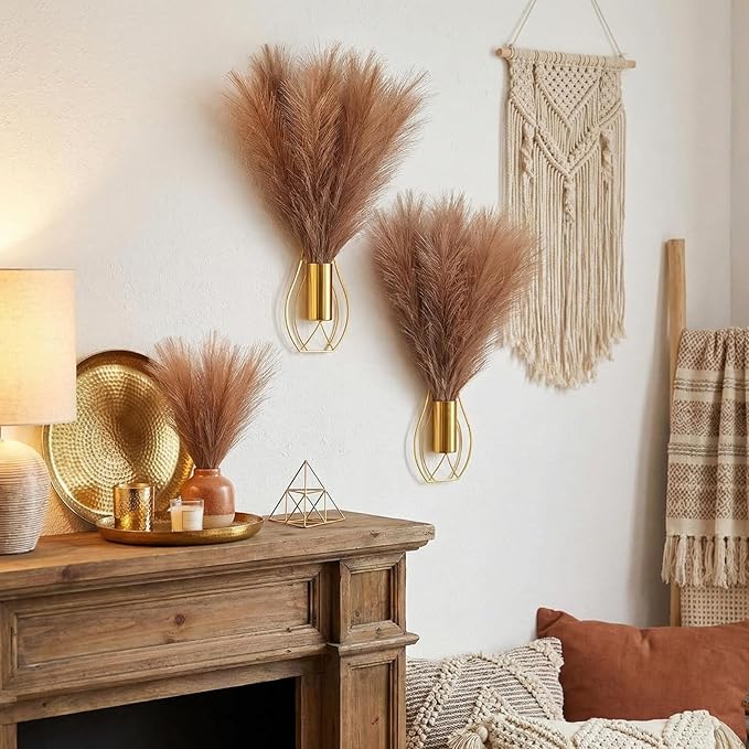 Otoolling 2 Pieces Hanging Plant Wall Decor with Artificial Pampas Grass Metal Hanging Vase Modern Geometric Farmhouse Bohemian Wall Art for Living Room Bedroom Kitchen Office(Gold, Light Brown)