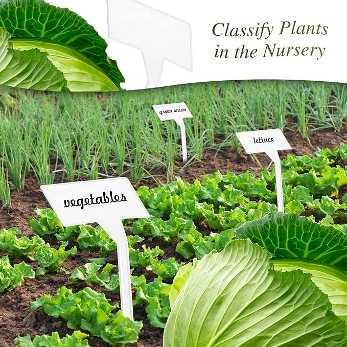 202 Pcs Large Plant Labels Kit, Include 100 Outdoor Plastic Plant T Type Tags Waterproof Reusable Plant Markers Stakes, 100 PET Films and 2 Marker Pens for Garden Herbs Flowers Pot (White, 6 Inch)