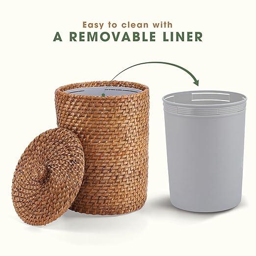 84ECO Brown Wicker Trash Can with Lid and Liner - Rattan Trash Can