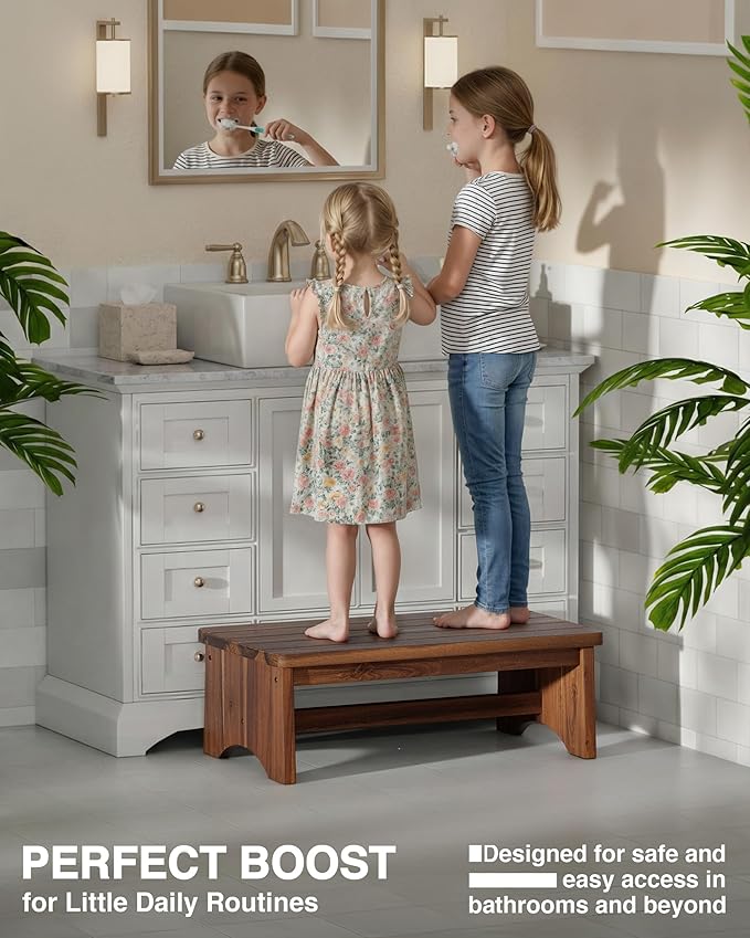 FANATU Extra Wide 26in Wooden Step Stool, Heavy Duty One Step Stool for Adults and Seniors, Holds Up to 550 lbs, Reinforced Cross Bar, Non-Skid Surface (Walnut)