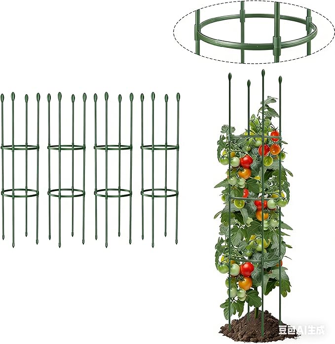 Round Heavy Duty Tomato Cage - 55 Inch Steel Core Plastic Coated Garden Trellis, 4-Post Rustproof Plant Support for Tomato/Cucumber/Beans, No Tools Snap Assembly, Spare Parts Available 4PS