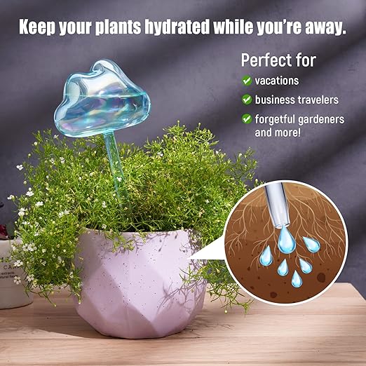 NiHome Glass Plant Self Watering Bulbs 2-Pack Cloud Shaped Clear Water Blue Iridescent Pearl Color Home Watering Globes Potted Planter Insert Decorative Device Vacation Watering Spikes Indoor Outdoor