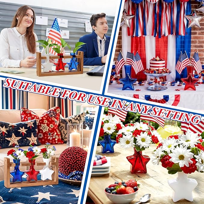 Remerry Patriotic Star Plant Terrarium with Wooden Stand 3 Star Shaped Glass Vases Planter Propagation Station Tabletop Planter for Hydroponics Decor Plant Lover Gift