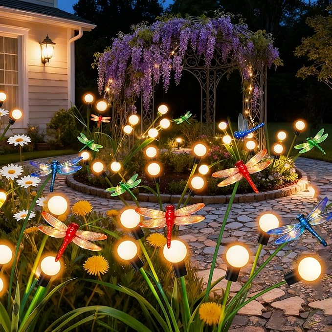 2 Pack Dragonfly Decorative Garden Stakes, 8Pcs 3D Dragonfly Decorations with Solar Firefly Lights Realistic Waterproof Dragonflies Solar Lights Outdoor for Yard Art Patio Plant Pot Flower Bed Lawn
