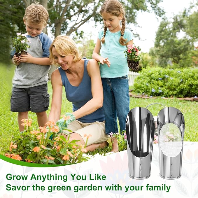 M METERXITY 1-Set Bonsai Soil Scoops, 2.8inch/7.2cm Stainless Steel Garden Soil Scoop Bucket Shovels and Soil Sifter for Transplanting/Flower Planting, Small Gardening Tool [Silver Tone]