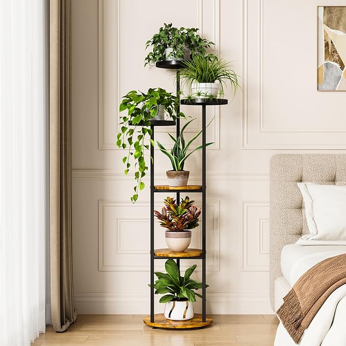Plant Stand 6 Tier Indoor Metal Plant Shelf for Multiple Plants Corner Tall Flower Holders for Living Room Bedroom Balcony, Black (6 Tier-Black+Rustic Brown)
