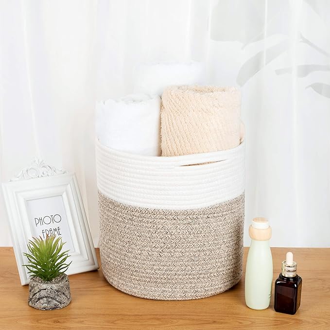 MINTWOOD Design 11 x 11 Inches Cotton Rope Basket for Flower Pot and Indoor Floor Planters, Decorative Round Woven Plant Pot Basket, Planter Covers, Small Dog Toy Storage Baskets, Light Brown