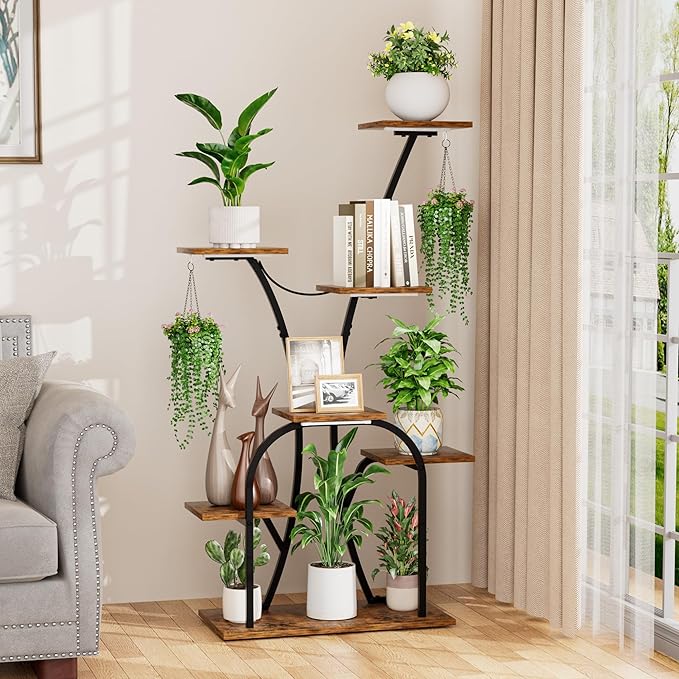 Plant Stand Indoor with Grow Lights, 7 Tiered Plant Shelf Indoor, 50'' Corner Plant Stands for Indoor Plants, Metal Plant Display Shelves Lighted Flower Holder, Plant Rack for Living Room, Black