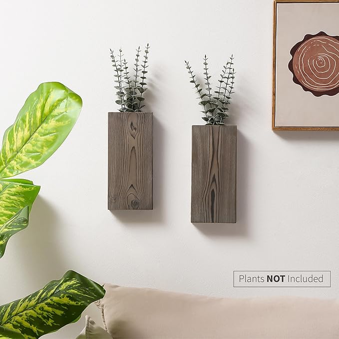 Wood Wall Planter Set of 2, Wood Wall Pocket for Greenery and Dried Flowers, Indoor Wood Hanging Vase, Modern Farmhouse Wall Decor for Living Room Bedroom Office Eucalyptus Stems Decorations (Grey)
