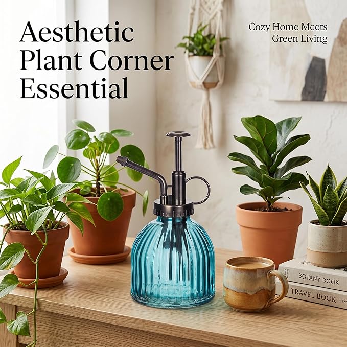 Topadorn Blue Glass Plant Mister Spray Bottle - Mini Vintage Watering Can with Pump for Indoor Plants & Succulents