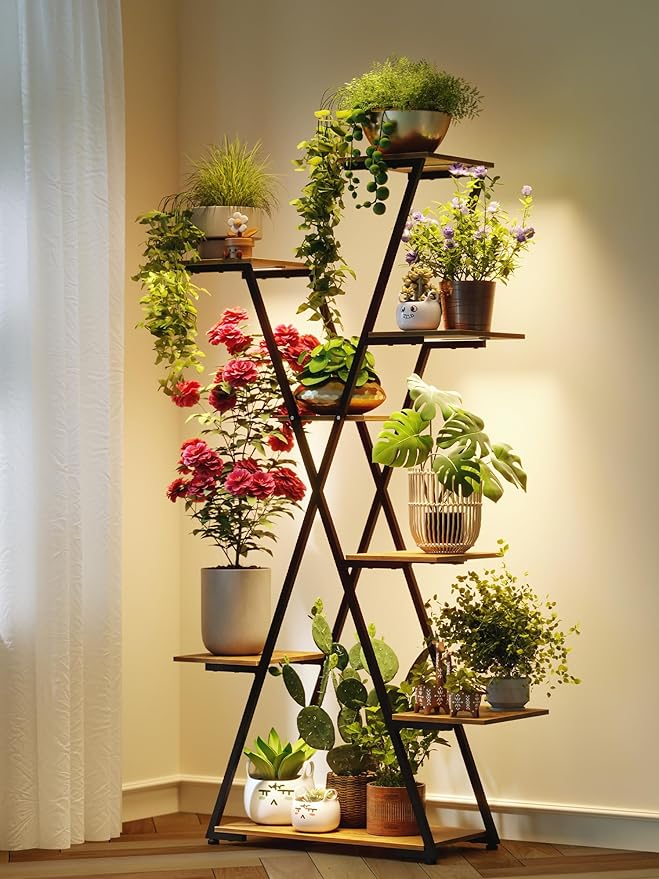 Lighted Plant Stand with Grow Lights – Tall Large Tiered Metal Corner Shelf Rack for Multiple Indoor Living Room Flower