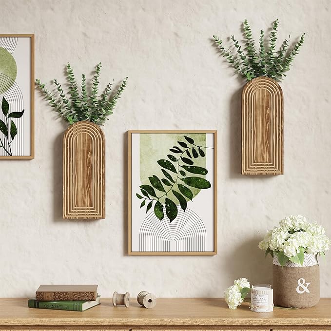 2 Pack Wooden Wall Vase with 14 Fake Eucalyptus for Modern Farmhouse Decor, Boho Art Wall Decor, Wall Planters for Indoor Plants for Bathroom, Kitchen, Bedroom, Dining/Living Room, Wall Plant Holder