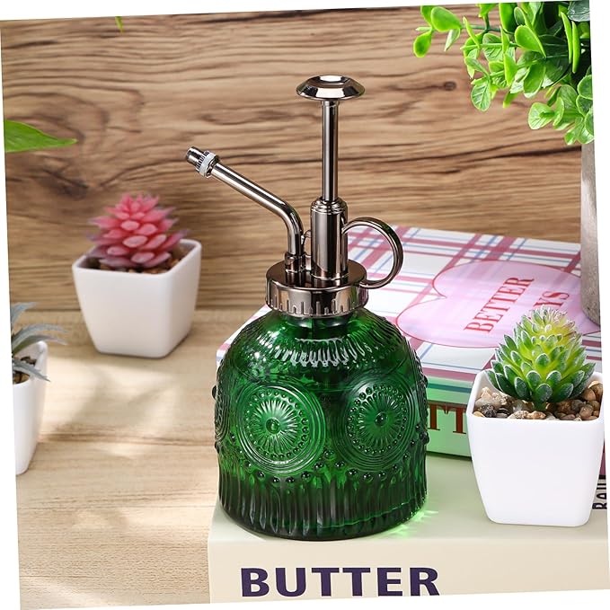 Healifty Glass Plant Mister Spray Bottle with Elegant Green and Antique Nozzle Break Resistant Water Spray for Indoor Gardening Easy One Handed Operation Versatile for Watering and Cleaning