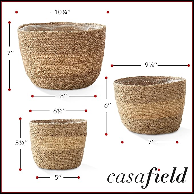 Casafield Set of 3 Seagrass Planter Baskets with Liners - Two-Tone, Hand Woven Indoor Flower Pot Covers for Plants, Succulents, Home Decor