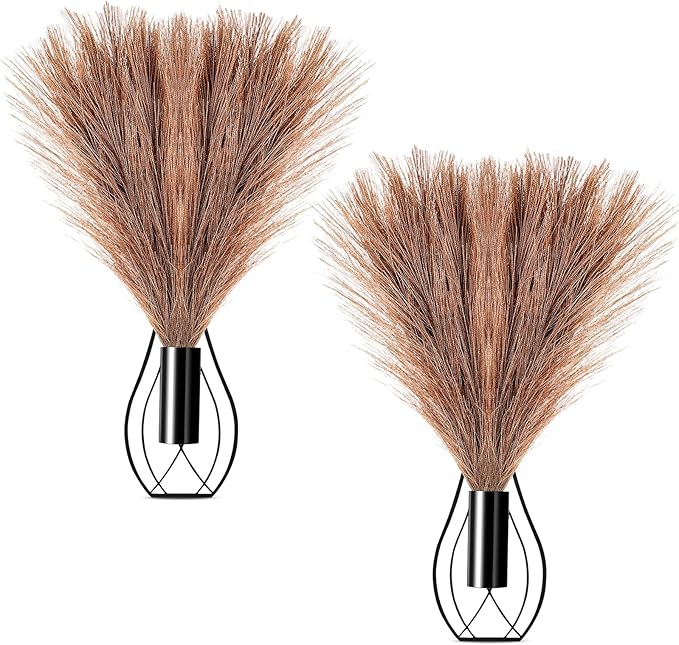 Otoolling 2 Pieces Hanging Plant Wall Decor with Artificial Pampas Grass Metal Hanging Vase Modern Geometric Farmhouse Bohemian Wall Art for Living Room Bedroom Kitchen Office(Black, Brown)