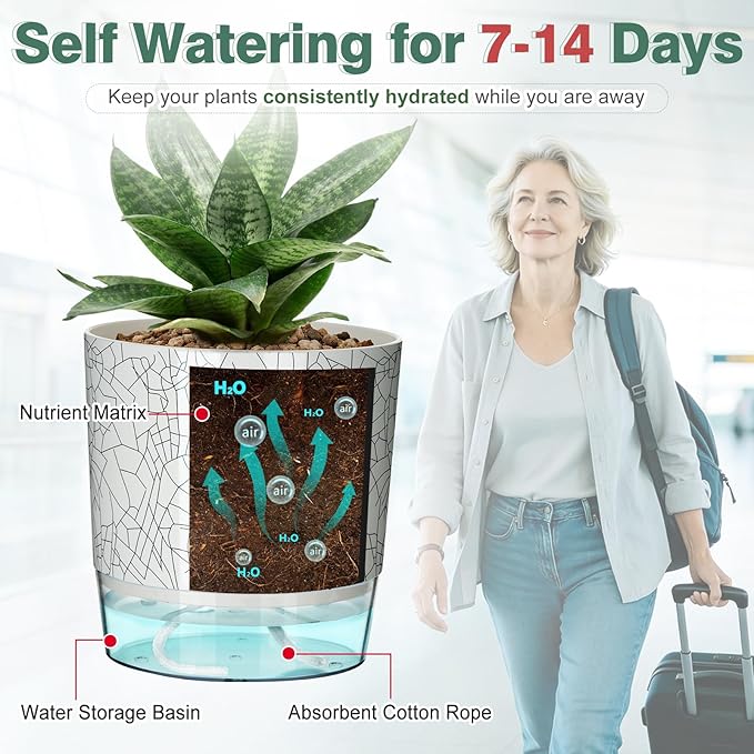 Self Watering Pots for Indoor Plants, 4/5.5 Inch Crackle Pattern Planters with Clear Water Reservoir & Wick System, 4 Pack Plastic Flower Pots for Succulents, Herbs, African Violets