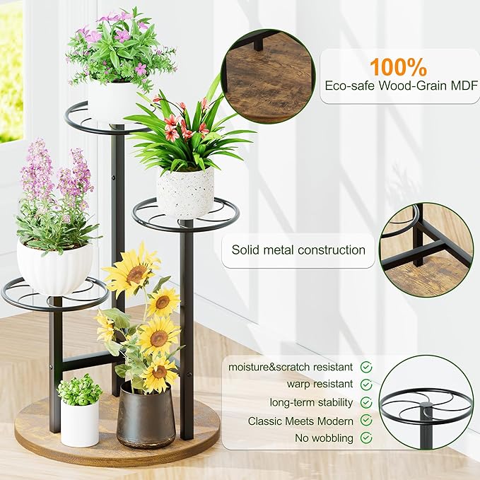 3 Tier Plant Stand Indoor Outdoor,Tiered Plant Stands,Wood Plant Shelf for Multiple Plants, Wrought Iron Flower Stand, Tall Plant Rack Shelf for House Patio Garden - BlackKite