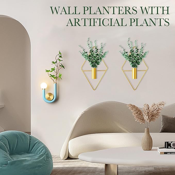 2 Pack Gold Wall Decor Hanging Planters with Artificial Plants Metal Hanging Vase Indoor Plants Holder Modern Boho Wall Art for Bathroom Bedroom Living Room Office (Gold, Eucalyptus)