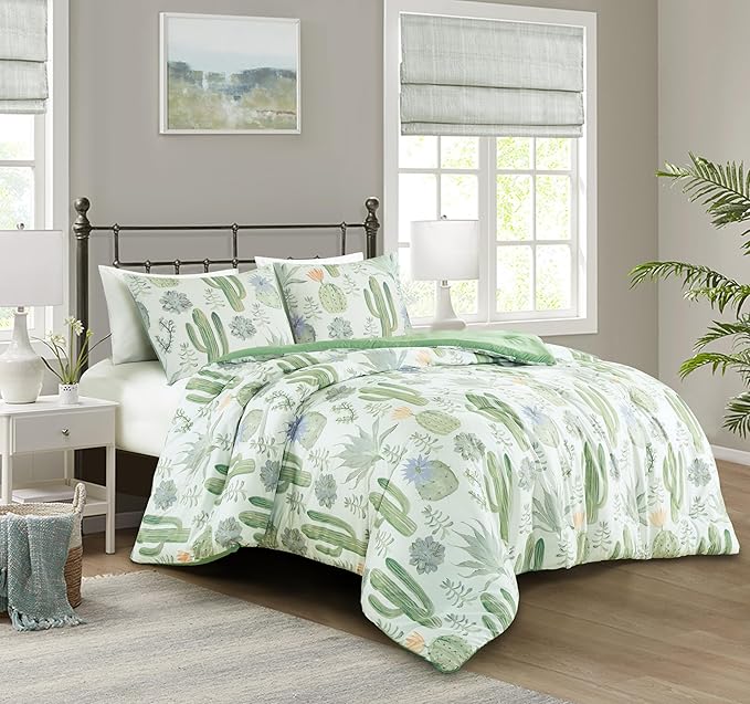Chezmoi Collection Cereus 3-Piece Southwestern Serene Desert Comforter Set - Green Blue Cactus Succulent Plant Printed Washed Microfiber Bedding, Full