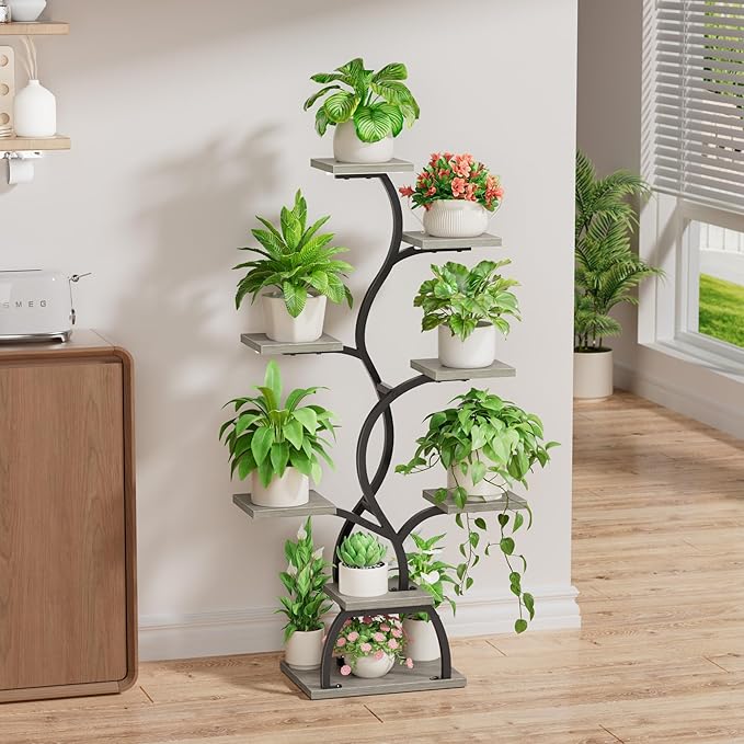 EVAWOO Plant Stand Indoor with Grow Light - 8 Tiered Plant Shelf Indoor, Corner Plant Stand, 49" Tall Plant Shelf with Lights for Indoor Growing, Lighted Flower Holder for Living Room, Balcony (Gray)