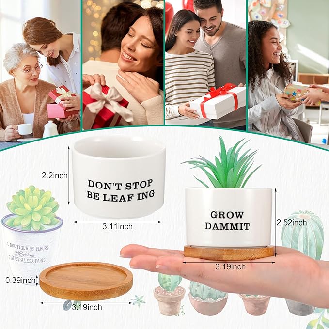 Potchen 6 Pcs Funny Succulent Pots Set Best Teacher Gifts Cute Ceramic Succulent Planters with Bamboo Tray Employee Appreciation Gifts for Women, Nurses, Birthday
