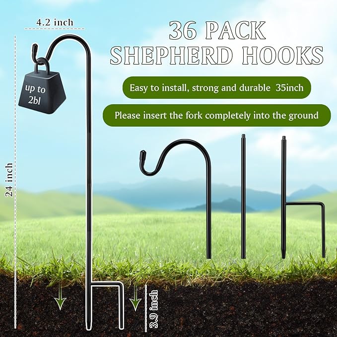 36 Pcs 24 Inch Shepherds Hook for Outdoor Adjustable Bird Feeder Pole Metal Steel Shepard Hooks for Hummingbird Stand Feeder Pole for Garden Plant, Lantern, Hanging Wedding Decor