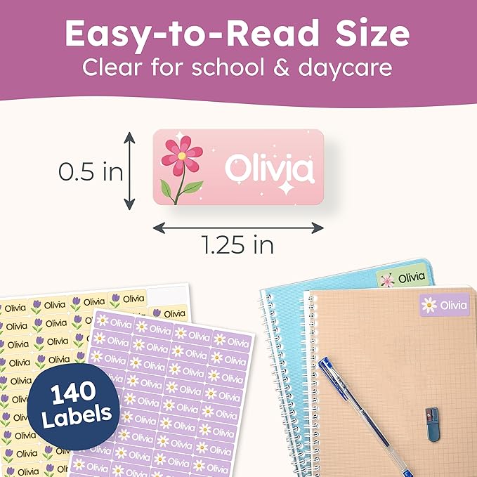 Personalized Name Labels for Kids (140 Labels) - Durable & Waterproof Custom Name Stickers for Clothing Tags, School Supplies, Camp & Daycare - Flowers (1.2”x0.5”)