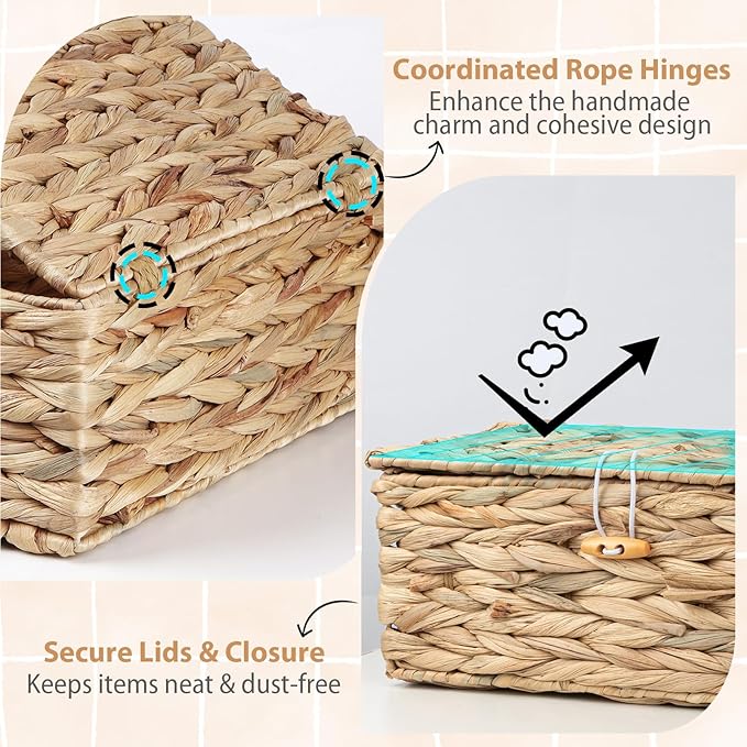 Handwoven Wicker Baskets Decorative Storage Boxes with Lids Set of 2, Natural Water Hyacinth, Nesting Organizer Boxes for Closet, Shelf, Home Decor