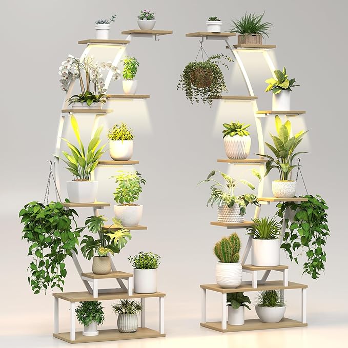 Plant Stand Shelf Indoor with 8 Grow Light, 10 Tiered 65" Tall White Large Half Moon Lighted Plant Rack Holder, 2 Pack Big High Circular Arch Multi Herb Stand with Built in LED Grow Light Set