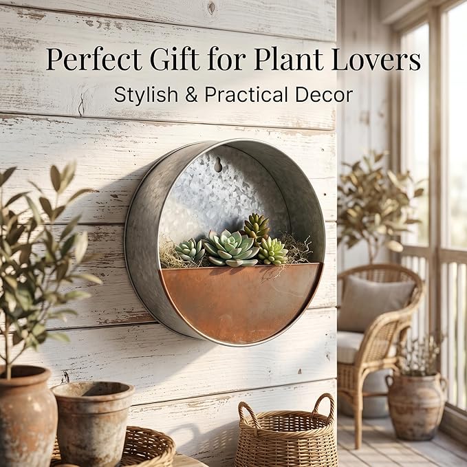 Topadorn Hanging Planter Flower Pot Galvanized Metal Container Wall Pocket Garden Bucket Metal Pot for Indoor or Outdoor Balcony Patio, Round 12" H