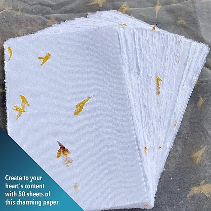 Wanderings Handmade Deckled Edge Paper with Real Flower Petal - 4"x6” - Thick 150 GSM - 50 Pack - Place Cards, Blank Name Cards for Table Setting, Gift Tags, Invitations, Save the Date, Greeting Cards