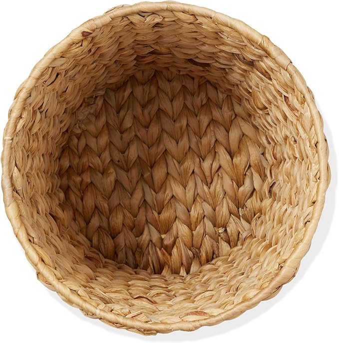 Casafield Set of 2 Water Hyacinth Waste Baskets - Natural, Round Woven Trash Can Bins for Bathroom, Bedroom, Laundry Room, Home Office