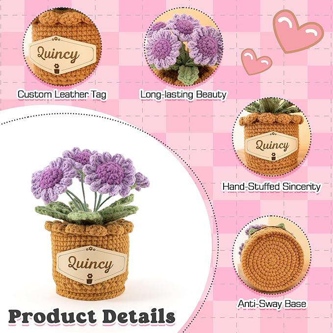 Crochet Flowers with Personalized Leather Name Tag Handmade Knitted Flowers for Home Office Desk Decor Crochet Daisy Potted Plant Crochet Gift for Women,Mom,Teacher, Friend, Birthday(Purple)