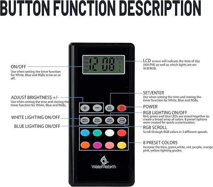 WaterRebirth Wireless Remote Full Spectrum Aquarium LED Light Strip - Ultra-Thin Design with Timer & RGB Modes for Fish Tank Plants (20-26INCH)