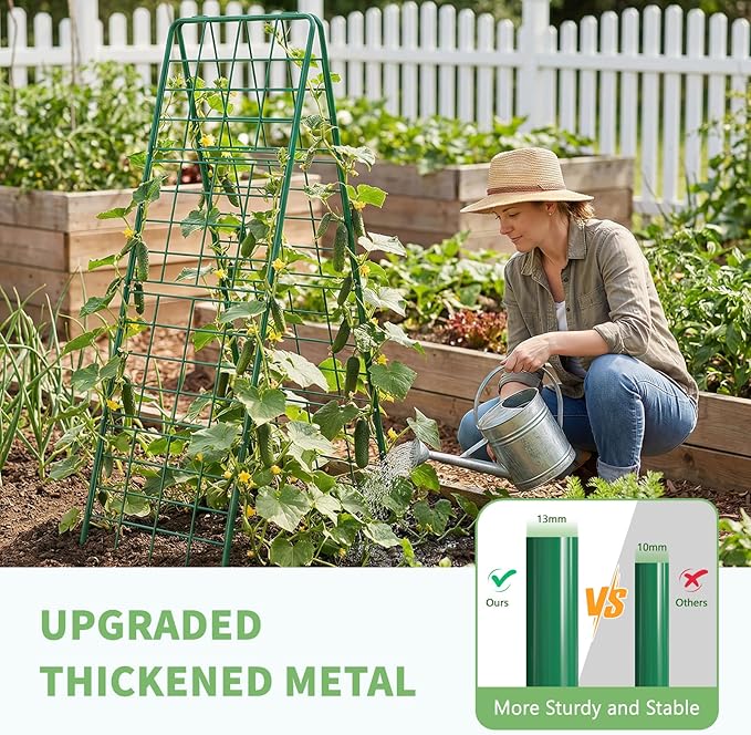 DoCred Cucumber Trellis, 59" H 2 Pack Metal Foldable Thickened A Frame Garden Trellis for Raised Bed Climbing Plants, Vegetables, Including Plant Support Clips, Twist Ties, Plastic Ties, Green
