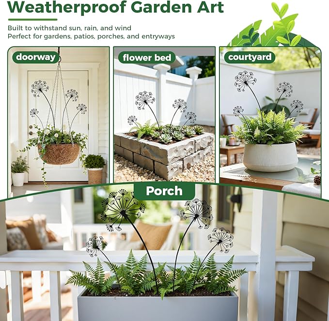 4-Pack Dandelion Metal Flowers for Outside,Black Wild Flower Decorative Garden Stakes for Potted Plants, Metal Yard Art, Gift-Boxed Indoor & Outdoor Garden Decor(Black Dandelion Flower Set)