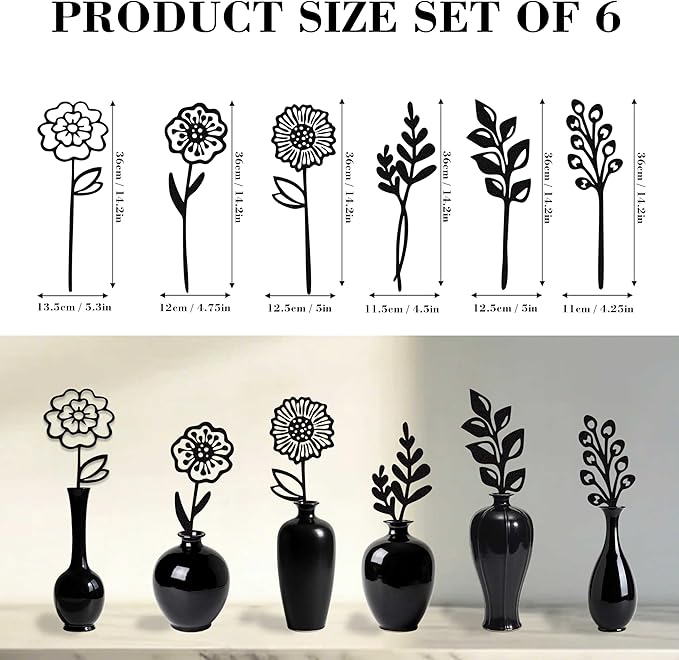 Black Metal Flowers Set of 6 Decorative Garden Stakes Yard Art, Garden Decorations Outdoor Metal Plant Stakes, Flower Bed Decor Garden Art, Plant Decorations for Pots and Flowers for Vase