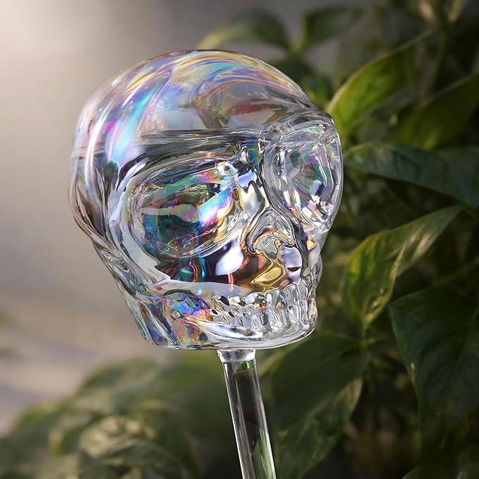 Soilagua 10 oz Smiling Cute Skull Glass Plant Watering Globes, Halloween Goth Iridescent Clear Water Bulbs, Gothic Plant Watering Devices,Self Watering Planter Insert, Automatic Plant Waterer, 2 Pack