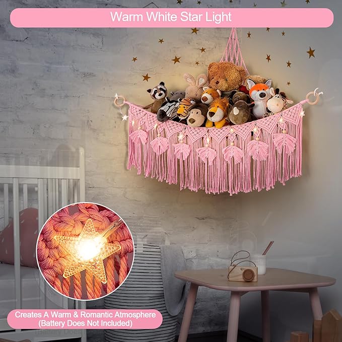 ANROYE Macrame Stuffed Animal Storage with Star Light, Bear Pink Hammock for Girls Room Decor, Corner Hanging Mesh Organizer Idea for Nursery, Plushies Toy Wall Hanging Display Holder Kid Boy Gift